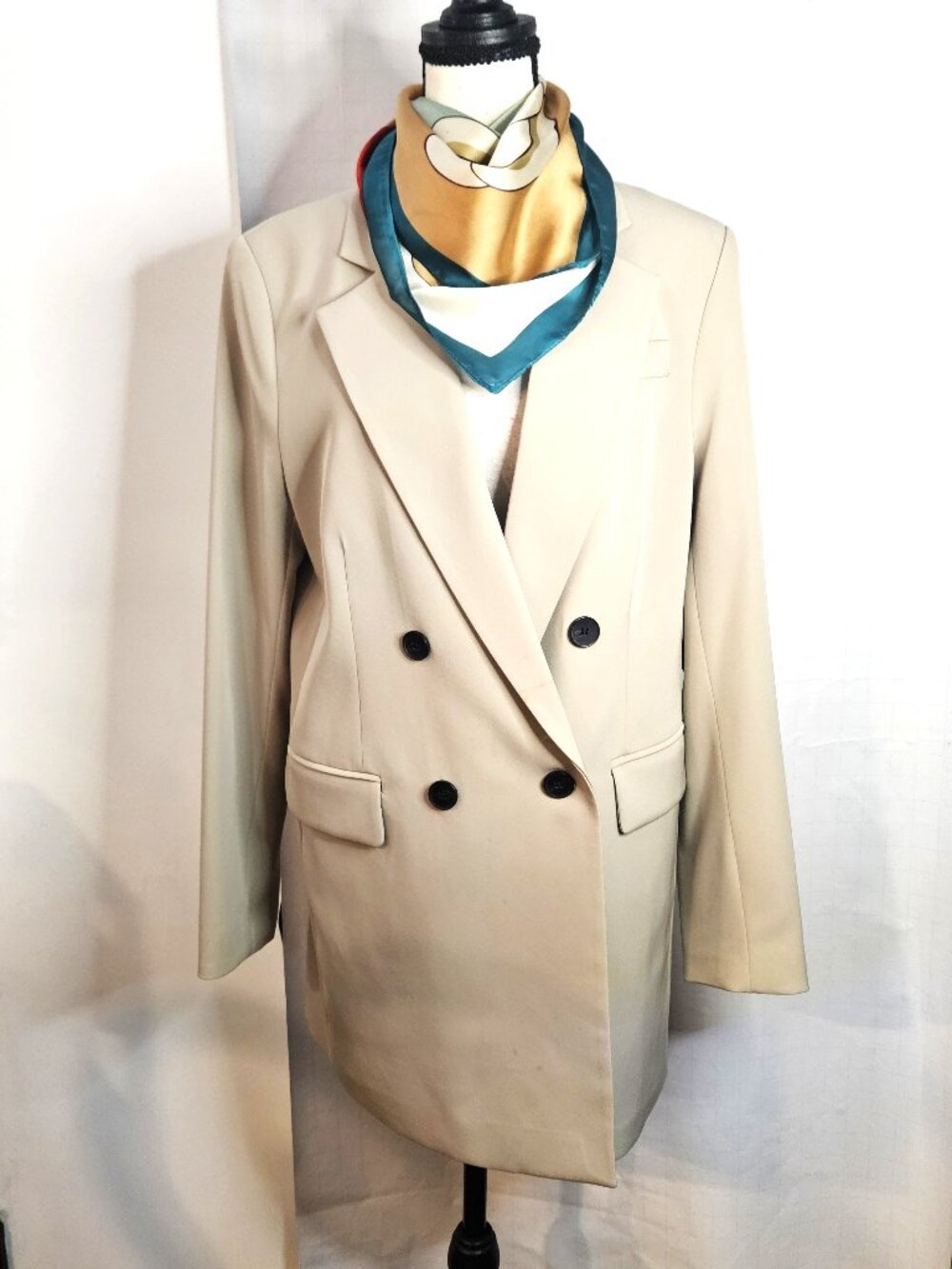 Minimalist Chic Beige Double-Breasted Oversized Boyfriend Sz Sm Lined Blazer